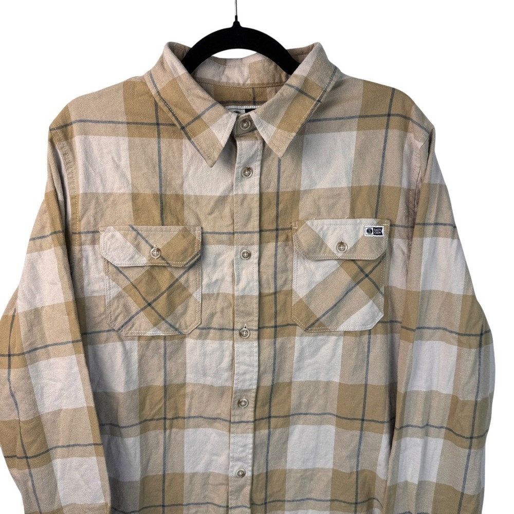 Salty Crew Mens Button Up Shirt L Large Flannel Plaid Beige Long Sleeve - Picture 3 of 13